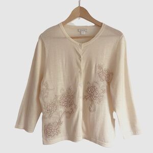 Garnet Hill Floral Embroidered Merino Wool Sweater Cardigan